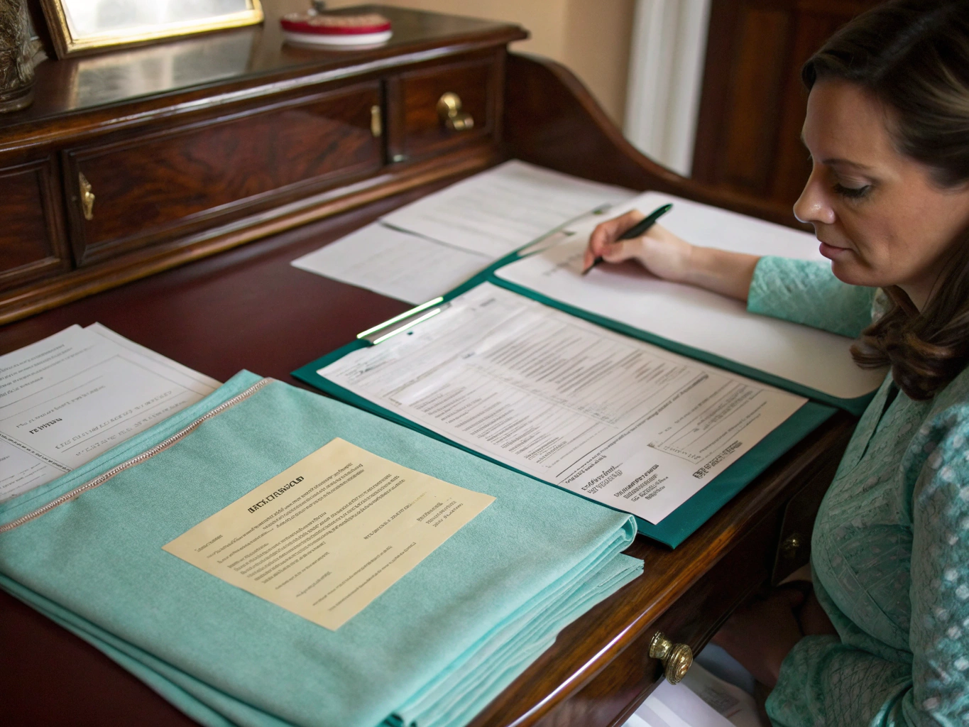 Professional document folder with health insurance paperwork on a clean desk