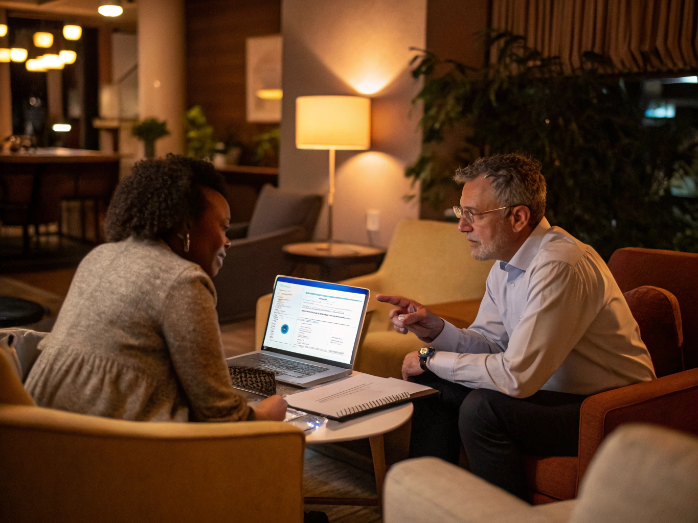 Advisor discussing health benefits with a client in a bright, professional office